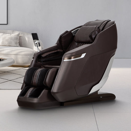 Luxury brown Titan 4D ION massage chair beautifully styled in a living room space.